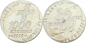 Португалия 1000 эскудо 1999 25 лет Апрельской революции KM 715 серебро UNC 3896-225