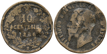 ИТАЛИЯ 10 ЧЕНТЕЗИМО 1866 Н, ВИКТОР ЭММАНУИЛ II (1861-1878) KM 11.3 медь 32-935