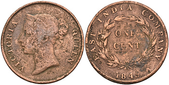 Стрейтс-Сетлментс 1 цент 1845 Виктория (1837-1901), Ост-Индская компания KM 3 медь 4590-126