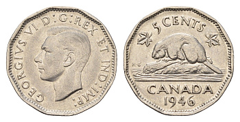 Канада 5 центов 1946 бобр Dot, Георг VI (1936-1952) KM 39a никель 75-1639
