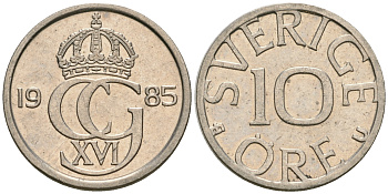 Швеция 10 эре 1985 U, Карл XVI Густав (1973- ) KM 850 медно-никель 08-1464