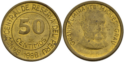 Перу 50 сентесимо 1988 KM 295 латунь 4159-947