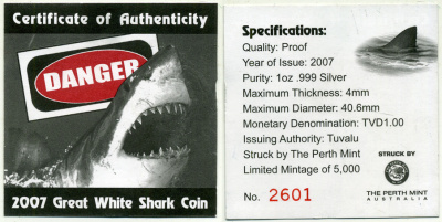 Тувалу 1 доллар 2007 DANGER, серия опасные животные Австралии, большая белая акула, цветная эмаль, в оригинальной коробке, с сертификатом KM NEW серебро PROOF 7-1-1-04