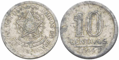 БРАЗИЛИЯ 10 СЕНТАВО 1956 ГЕРБ KM 564 алюминий 105-525
