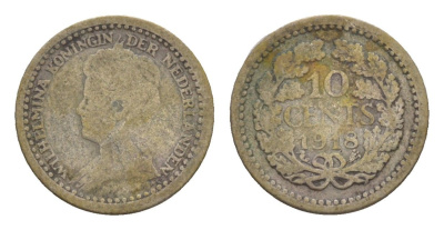 Нидерланды 10 центов 1918 Вильгельмина (1890-1948) KM 145 серебро 4659-168