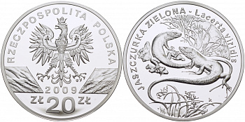 Польша 20 злотых 2009 серия сохраним наш мир, зеленая ящерица KM 679 серебро PROOF 1077-6-61