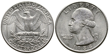 США 25 ЦЕНТОВ = КВОТЕР 1988 D, ВАШИНГТОН KM А164а медь плакированная медно-никелем 23-235