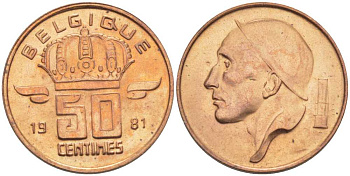 БЕЛЬГИЯ 50 САНТИМОВ 1981 BELGIQUE, БОДУЭН I (1951-1993) KM 148.1 бронза UNC 214-645