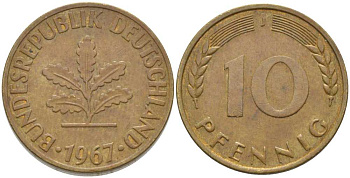 ФРГ 10 ПФЕННИГОВ 1967 J KM 108, J. 383 сталь плакированная латунью 175-741