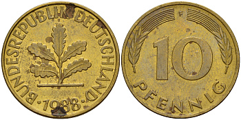 ФРГ 10 пфеннигов 1988 F J. 383, KM 108 сталь плакированная латунью    4603-552