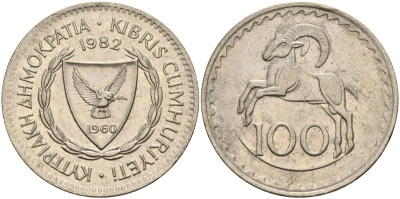Кипр 100 милсов 1982 европейский муфлон KM 42 медно-никель 4168-645