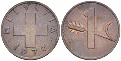 Швейцария 1 раппен 1970 KM 46 бронза 66-118