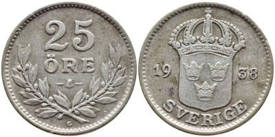 Швеция 25 эре 1938 Густав V (1907-1950) KM 785 серебро 1530-834