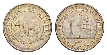 Либерия 5 центов 1961  KM 14 медно-никель  aUNC  4659-438