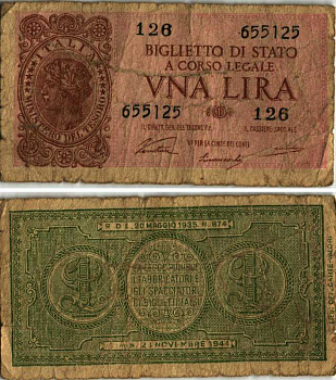 Италия 1 лира 1944 23 ноября 1944, подпись ventura Pick 29a бумага 7484-10-3-2