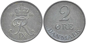 ДАНИЯ 2 ЭРЕ 1962 C;S, ФРЕДЕРИК IX (1947-1972) KM 840,2 цинк 202-656