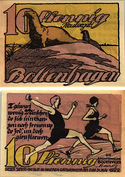 БОЛЬТЕНХАГЕН 10 ПФЕННИГОВ 1922 НОТГЕЛЬД, ИЮНЬ 1922 - 31 МАЯ 1922, ЗЕМЛЯ МЕКЛЕНБУРГ-ПЕРЕДНЯЯ ПОМЕРАНИЯ Grabowski 138.1 бумага 8608-9-1-2