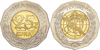 Хорватия 25 кун 1997 5 лет членства Хорватии в ООН, карта KM 48 биметалл UNC 4149-1014