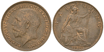 Великобритания 1 фартинг 1920 Георг V (1910-1936), светлая отделка KM 808.2, Spink 4060 бронза 4617-326