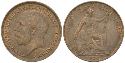 Великобритания 1 фартинг 1920 Георг V (1910-1936), светлая отделка KM 808.2, Spink 4060 бронза 4617-326