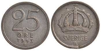 Швеция 25 эре 1943 G, Густав V (1907-1950) KM 816 серебро 4179-855