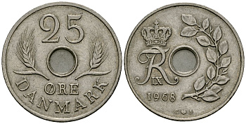 Дания 25 эре 1968 С;S, Фредерик IX (1947-1972) KM 855.1 медно-никель 4167-345