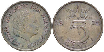 Нидерланды 5 центов 1975 Юлиана (1949-1980) KM 181 бронза 213-1132