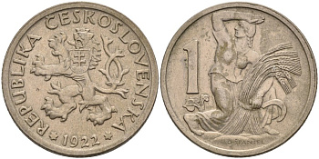 Чехословакия 1 крона 1922 женщина со снопом и серпом KM 4 медно-никель 4575-323