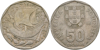 Португалия 50 эскудо 1988 парусник KM 636 медно-никель 4162-246
