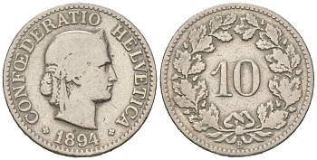 Швейцария 10 раппенов 1894 B KM 27 медно-никель 4617-438