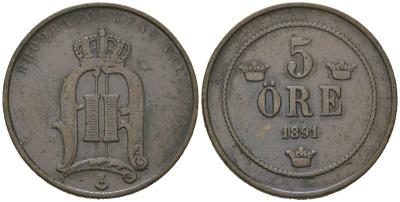 Швеция 5 эре 1891 Оскар II (1872-1907) KM 757 бронза 4171-725