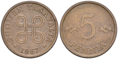 ФИНЛЯНДИЯ 5 ПЕННИ 1967 KM 45 медь 4549-422