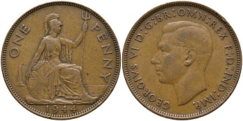 Великобритания 1 пенни 1944 Георг VI (1936-1952) КМ 845, Spink 4114 бронза 115-415