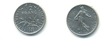 Франция 1/2 франка 1965 сеятель KM 931, Le Franc 198.3 никель 86-1747