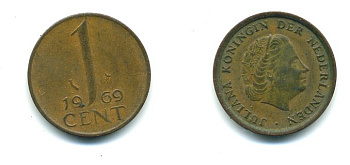 НИДЕРЛАНДЫ 1 ЦЕНТ 1969 ЮЛИАНА KM 180 бронза 53-117