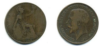 Великобритания 1 пенни 1915 Георг V (1910-1936) KM 810, Spink 4051 бронза 41-113