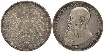 Саксен-Майнинген 2 марки 1902 D, Георг II, герцог Саксен-Мейнингена (1866-1914) Weege 147b, J. 151b, KM 199 серебро aUNC 00-000-00