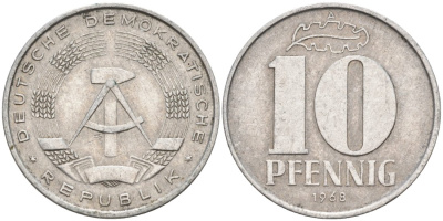 ГДР 10 пфеннигов 1968 А KM 10 алюминий 4571-711