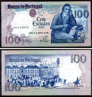 Португалия 100 эскудо 1984 Мануэл Мария Барбоза ду Бокаже, площадь Росиу в Лиссабоне Pick 178 c (4)  бумага  UNC (пресс) 8621-39-1-2