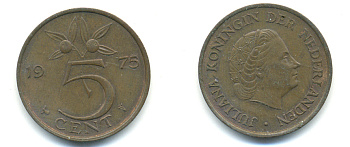 Нидерланды 5 центов 1975 Юлиана (1949-1980) KM 181 бронза 83-853