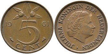 НИДЕРЛАНДЫ 5 ЦЕНТОВ 1961 ЮЛИАНА KM 181 бронза 65-1217