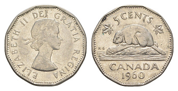 Канада 5 центов 1960 бобр, Елизавета II (1952-2022) KM 50a никель 4158-641