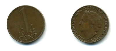 Нидерланды 1 цент 1948 Вильгельмина (1890-1948), год тип KM 175 бронза 35-1335