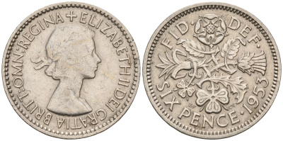 Великобритания 6 пенсов 1953 Елизавета II (1952-2022) KM 889, Spink 4141 медно-никель    4152-1166