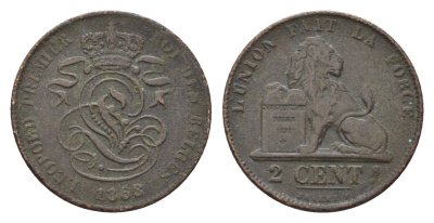 Бельгия 2 сантима 1863 Леопольд I (1831-1865) KM 4 медь 4151-444