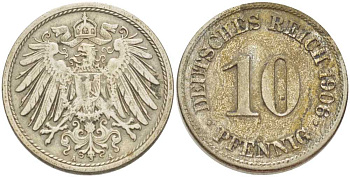 Германия 10 пфеннигов 1906 A KM 12, J. 13, Weege 8 медно-никель 259-913