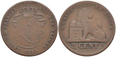 БЕЛЬГИЯ 2 САНТИМА 1858 BELGES KM 4.2 медь 4448-623