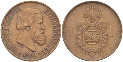 Бразилия 20 рейсов 1869 Педро II (1831-1889) KM 474 бронза 4529-456