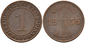 Германия 1 рейхспфенниг 1936 D KM 37, J. 313 бронза 4124-265