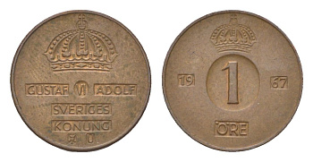 Швеция 1 эре 1967 U, Густав VI Адольф (1950-1973) KM 820 бронза 4623-832